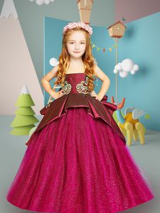 Best Fuchsia Lace Up Scoop Embroidery Little Girls Pageant Gowns Satin and Tulle Sleeveless