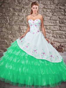 Green Ball Gowns Embroidery and Ruffled Layers Sweet 16 Quinceanera Dress Lace Up Satin and Organza Sleeveless Floor Len