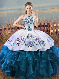Glamorous Floor Length Lace Up Quinceanera Dresses Blue And White for Sweet 16 and Quinceanera with Embroidery