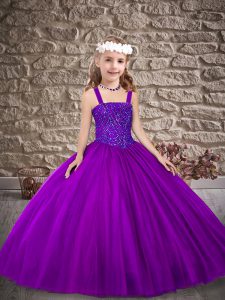 Custom Designed Purple Sleeveless Beading Floor Length Little Girl Pageant Gowns