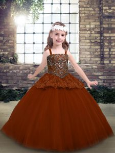Sweet Ball Gowns Little Girls Pageant Gowns Rust Red Straps Tulle Sleeveless Floor Length Lace Up