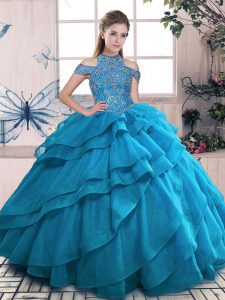 Glorious Blue Organza Lace Up High-neck Sleeveless Floor Length Sweet 16 Quinceanera Dress Beading and Ruffled Layers
