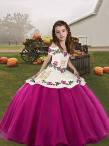 Dazzling Fuchsia Organza Lace Up Kids Pageant Dress Sleeveless Floor Length Embroidery