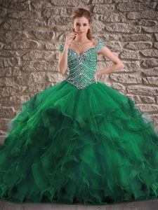 Pretty Cap Sleeves Tulle Brush Train Lace Up Quinceanera Dresses in Dark Green with Beading and Ruffles