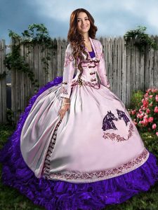 White And Purple Satin Lace Up Sweetheart Sleeveless Floor Length Quince Ball Gowns Embroidery and Ruffles