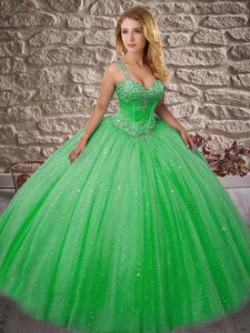 Edgy Green Lace Up Straps Beading Quince Ball Gowns Tulle Sleeveless