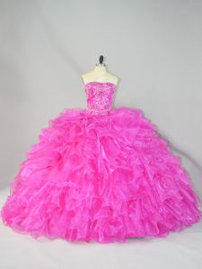 Best Lace Up Quinceanera Dresses Hot Pink for Sweet 16 and Quinceanera with Beading and Ruffles Court Train