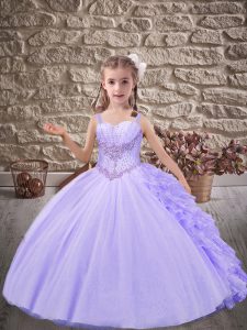 Modern Lavender Straps Neckline Beading and Ruffles Pageant Gowns For Girls Sleeveless Lace Up