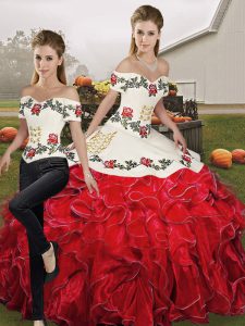 Spectacular Floor Length Lace Up Quinceanera Dress White And Red for Military Ball and Sweet 16 and Quinceanera with Emb