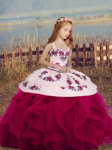 New Arrival Straps Sleeveless Lace Up Embroidery and Ruffles Little Girl Pageant Gowns in Fuchsia