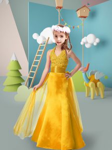 Floor Length Zipper Girls Pageant Dresses Gold for Wedding Party with Beading