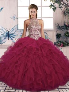 Beauteous Sleeveless Tulle Floor Length Lace Up Quinceanera Dresses in Burgundy with Beading and Ruffles