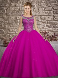 Customized Sleeveless Floor Length Beading Lace Up Sweet 16 Dress with Fuchsia