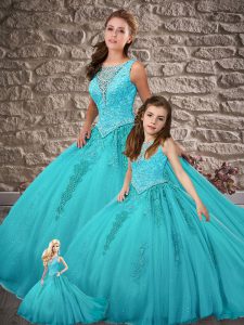 Aqua Blue Ball Gowns Tulle Scoop Sleeveless Beading and Appliques Zipper Quinceanera Dresses Brush Train