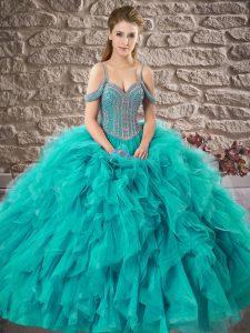 Stunning Floor Length Ball Gowns Sleeveless Turquoise Quinceanera Dress Lace Up