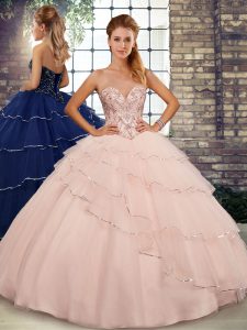 On Sale Sweetheart Sleeveless Ball Gown Prom Dress Brush Train Beading and Ruffled Layers Peach Tulle