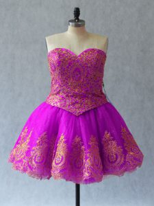 Sweetheart Sleeveless Evening Dress Mini Length Appliques and Embroidery Fuchsia Tulle