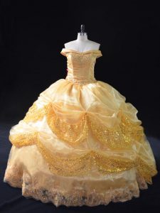 Discount Floor Length Lace Up Quinceanera Gowns Gold for Sweet 16 and Quinceanera with Beading and Pick Ups