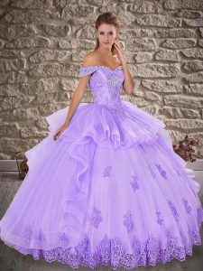 Lavender Ball Gowns Tulle Off The Shoulder Sleeveless Beading and Lace Floor Length Lace Up 15 Quinceanera Dress