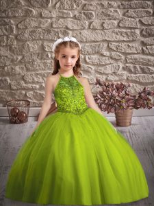 Beauteous Olive Green Little Girls Pageant Gowns Wedding Party with Beading Halter Top Sleeveless Sweep Train Criss Cros