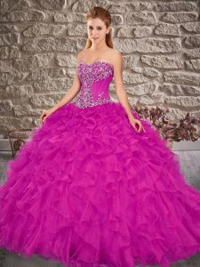 Suitable Ball Gowns Sleeveless Fuchsia Quinceanera Dress Brush Train Lace Up