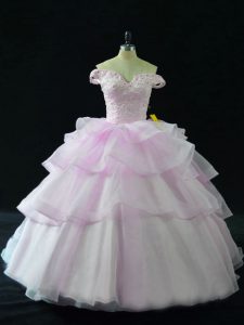 Exceptional Lilac Organza Lace Up Off The Shoulder Sleeveless Quinceanera Dresses Brush Train Beading and Ruffled Layers