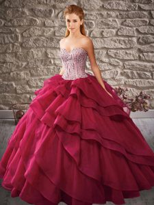 Vintage Wine Red Sleeveless Organza Lace Up 15th Birthday Dress for Military Ball and Sweet 16 and Quinceanera