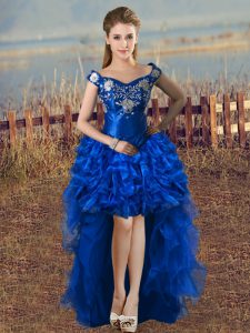 Unique Royal Blue Lace Up Homecoming Dress Embroidery and Ruffles Sleeveless High Low