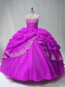 Beauteous Fuchsia Organza Lace Up 15th Birthday Dress Sleeveless Floor Length Beading and Appliques