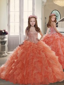 Lace Up Kids Pageant Dress Orange Red for Wedding Party with Beading and Ruffles Brush Train