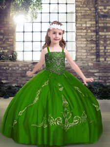 Latest Green Ball Gowns Tulle Straps Long Sleeves Beading Floor Length Lace Up Kids Pageant Dress