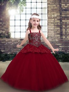 Red Ball Gowns Straps Sleeveless Tulle Floor Length Zipper Beading Kids Formal Wear