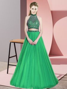 Green Three Pieces Halter Top Sleeveless Tulle Floor Length Lace Up Beading Dress for Prom