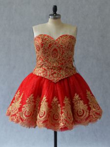 Red Sleeveless Mini Length Appliques and Embroidery Lace Up Prom Dresses