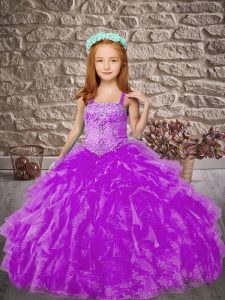 Popular Purple Pageant Gowns For Girls Organza and Lace Brush Train Sleeveless Beading and Ruffles