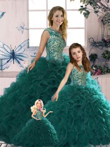 Delicate Organza Scoop Sleeveless Lace Up Beading and Ruffles Sweet 16 Dresses in Peacock Green