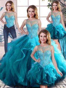 Aqua Blue Tulle Lace Up Scoop Sleeveless Floor Length Quinceanera Gown Beading and Ruffles