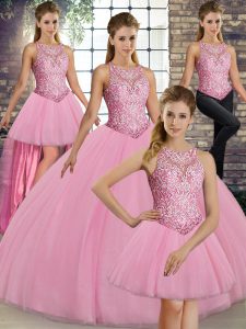 Luxury Pink Scoop Lace Up Embroidery Quinceanera Dress Sleeveless