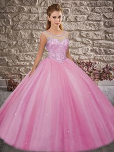 Glamorous Sleeveless Tulle Floor Length Backless Quinceanera Gowns in Rose Pink with Beading
