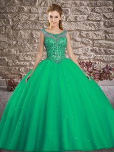 Pretty Sleeveless Floor Length Beading Lace Up Quince Ball Gowns with Turquoise