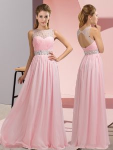 Baby Pink Sleeveless Chiffon Backless Prom Evening Gown for Prom and Party