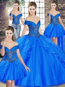 Floor Length Royal Blue Quinceanera Dress Tulle Sleeveless Beading and Ruffles