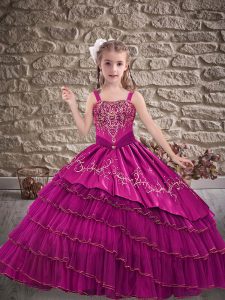 Lovely Fuchsia Lace Up Pageant Dress for Teens Embroidery and Ruffled Layers Sleeveless Floor Length