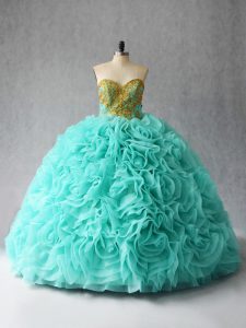 Exceptional Aqua Blue 15 Quinceanera Dress Fabric With Rolling Flowers Court Train Sleeveless Beading and Ruffles