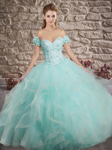 Sumptuous Sweetheart Sleeveless Tulle Quince Ball Gowns Lace and Ruffles Brush Train Lace Up