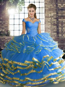 Blue Quinceanera Gowns Military Ball and Sweet 16 and Quinceanera with Beading and Ruffled Layers Off The Shoulder Sleev