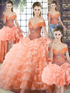 Peach Quinceanera Dress Military Ball and Sweet 16 and Quinceanera with Beading and Ruffled Layers Off The Shoulder Slee