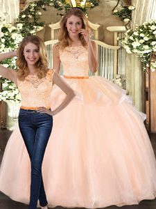 Affordable Scoop Sleeveless Zipper Quinceanera Gowns Peach Organza