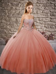 Floor Length Peach Sweet 16 Dress Tulle Sleeveless Beading