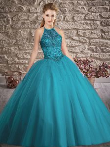 Teal Sleeveless Tulle Brush Train Lace Up Quinceanera Dresses for Military Ball and Sweet 16 and Quinceanera